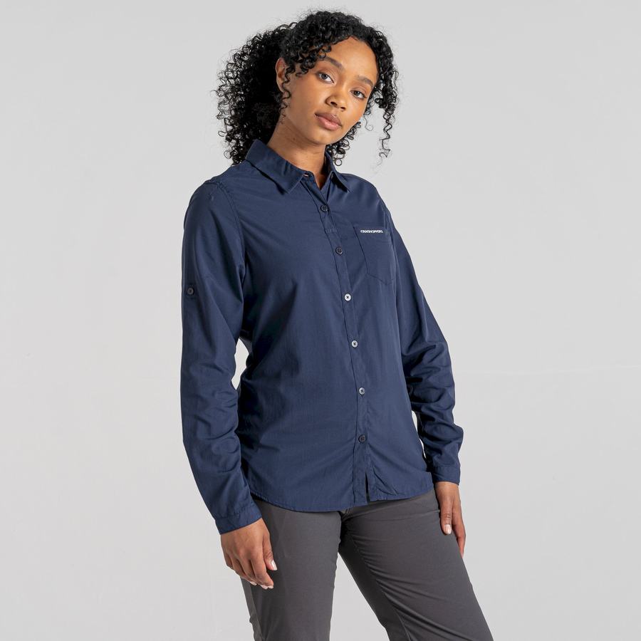 Blue Navy Craghoppers NosiLife Bardo Long Sleeved Women's Shirts | MMH9531HJ