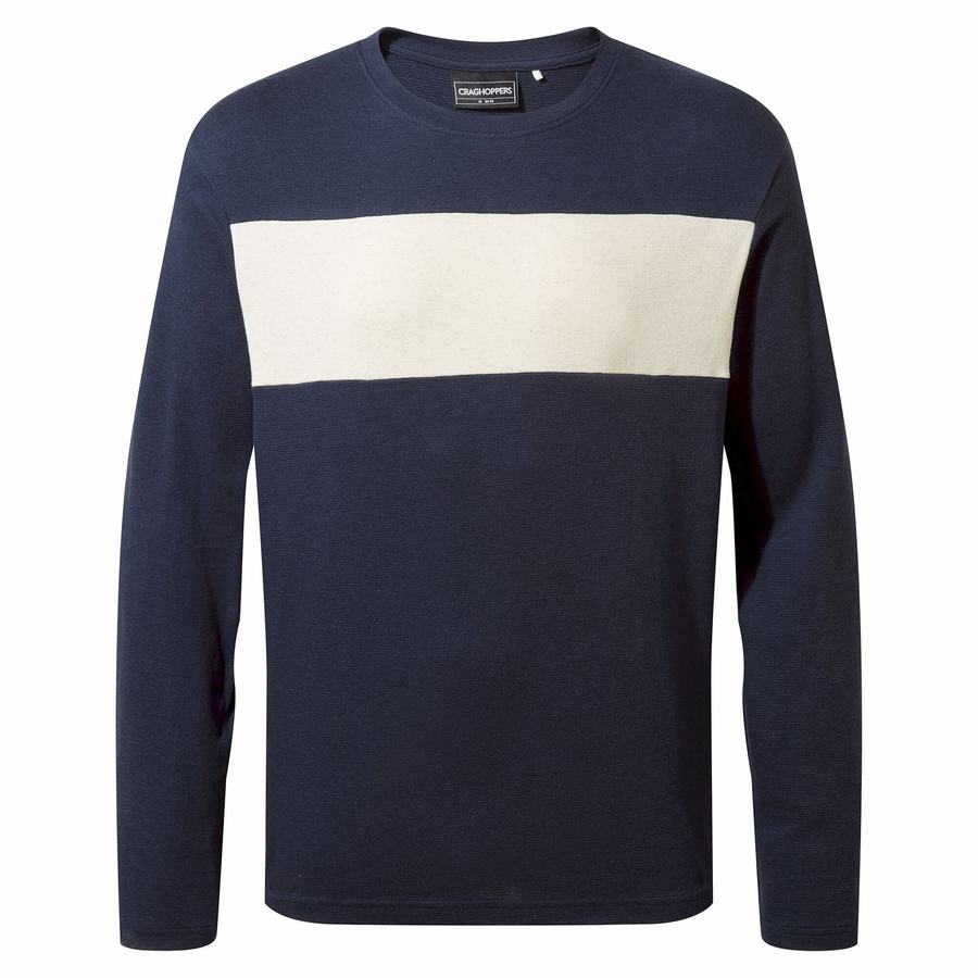 Blue Navy Stripes Craghoppers Latherton Long Sleeved Men's T-Shirts | MFD975RB