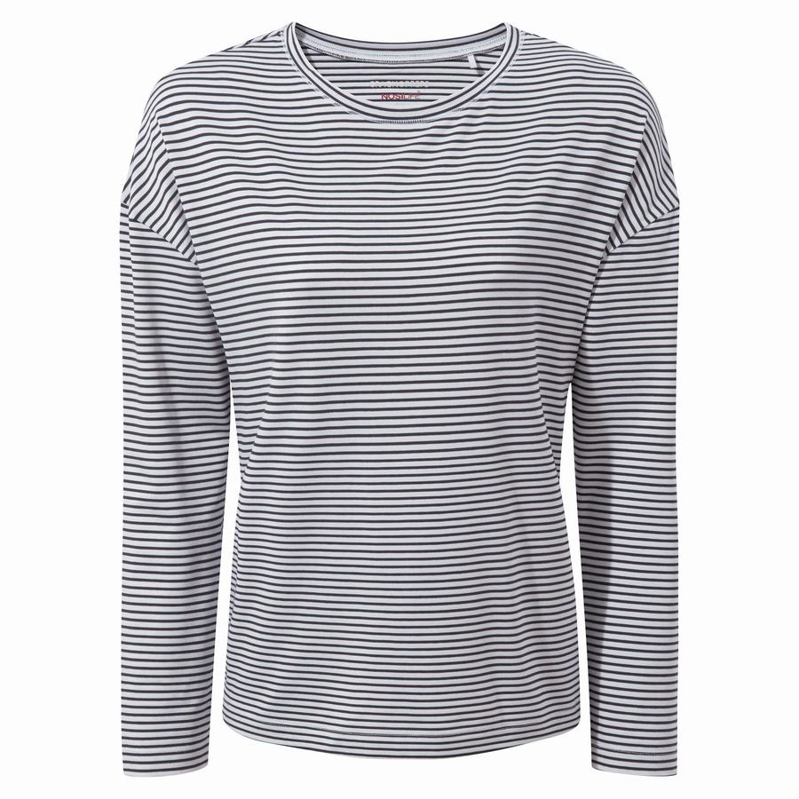 Blue Navy Stripes Craghoppers NosiLife Cora Long Sleeved Women's T-Shirts | WOU9468SG