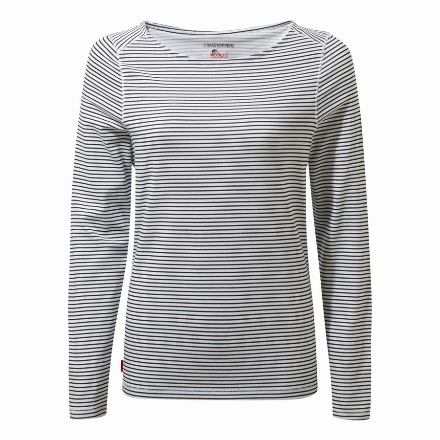 Blue Navy Stripes Craghoppers NosiLife Erin Long Sleeved Women's T-Shirts | LJF9287ZH