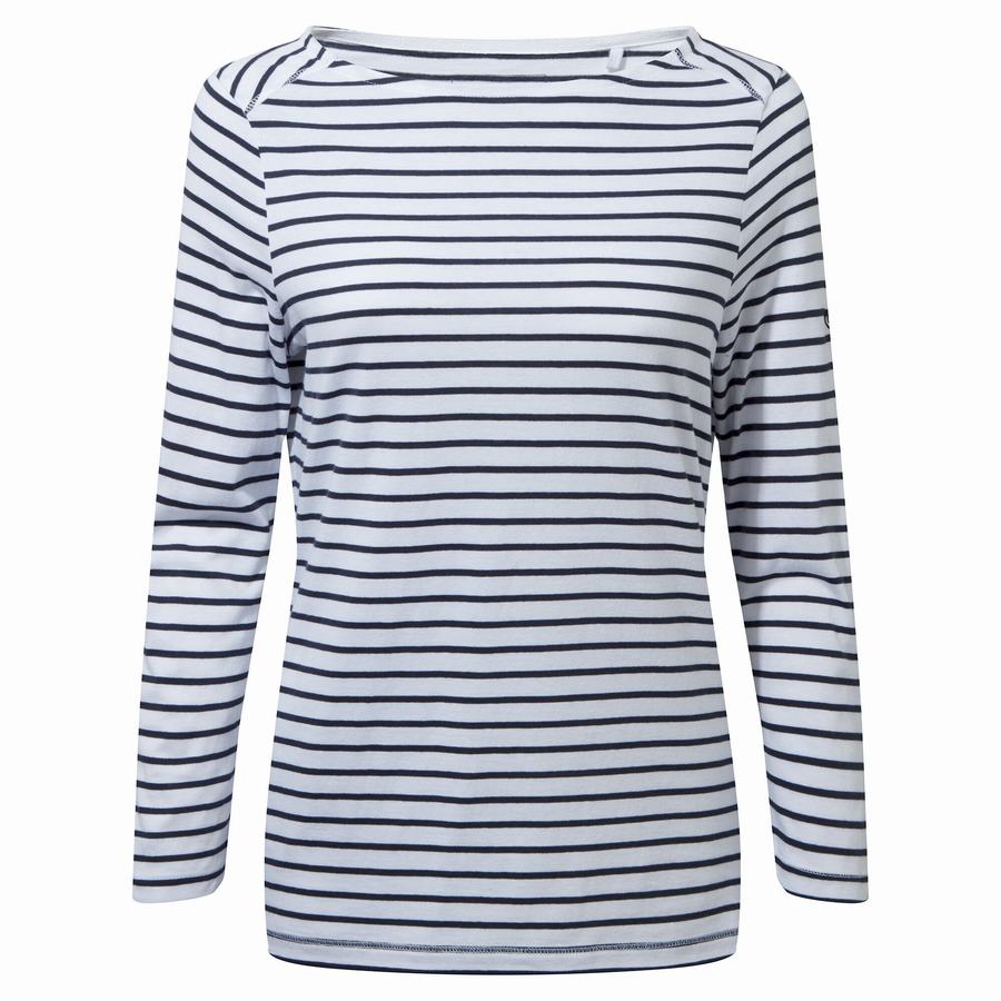 Blue Navy White Stripes Craghoppers Blanca 3/4 Sleeved Top Women's T-Shirts | CHA1122BY