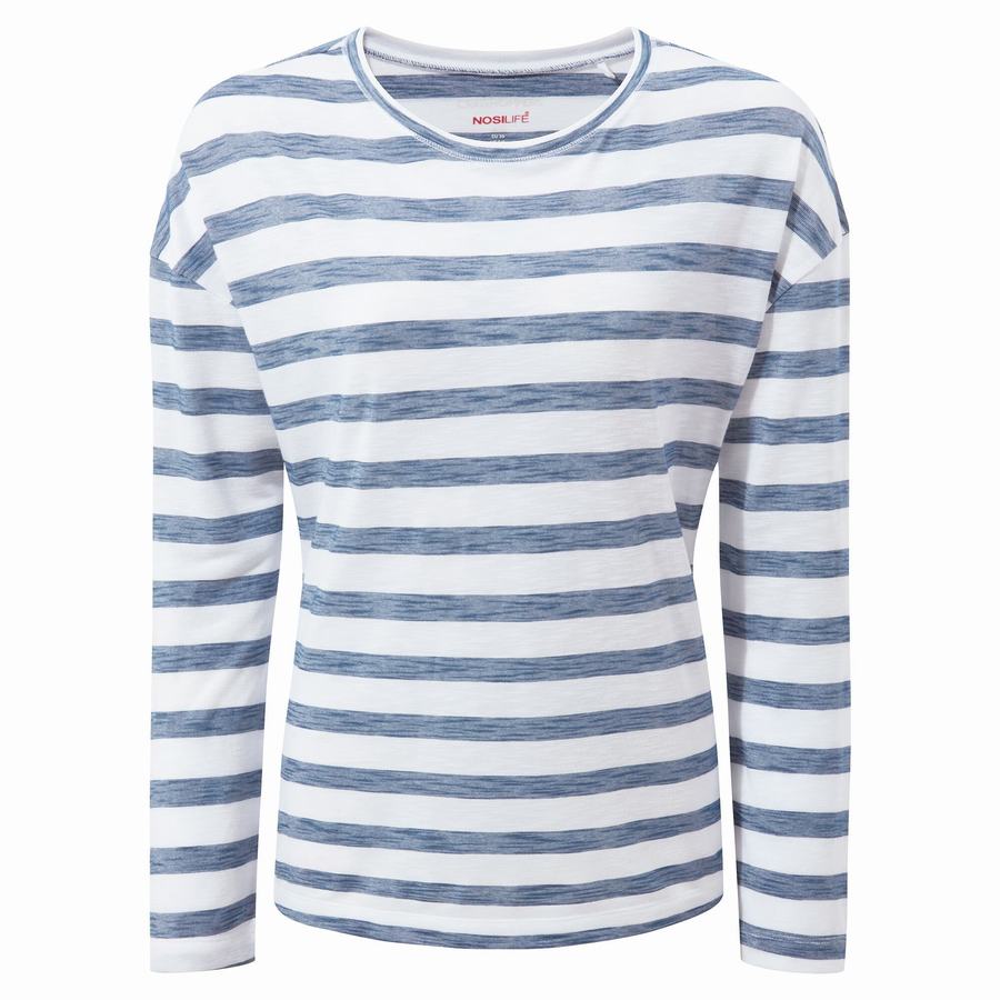 Blue Stripes Craghoppers NosiLife Cora Long Sleeved Women's T-Shirts | YKT6893VX