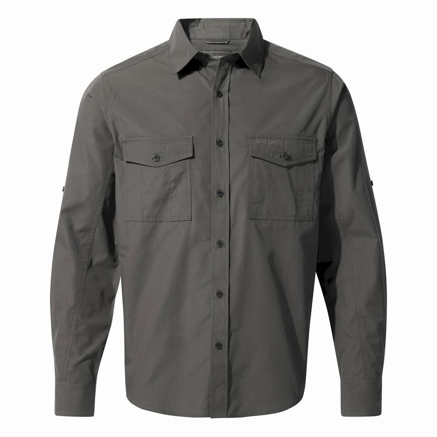 Dark Grey Craghoppers Kiwi Long Sleeved Men's Shirts | HSW4023LU