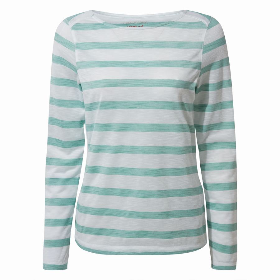 Turquoise Stripes Craghoppers NosiLife Erin Long Sleeved Women's T-Shirts | IYP8716VL