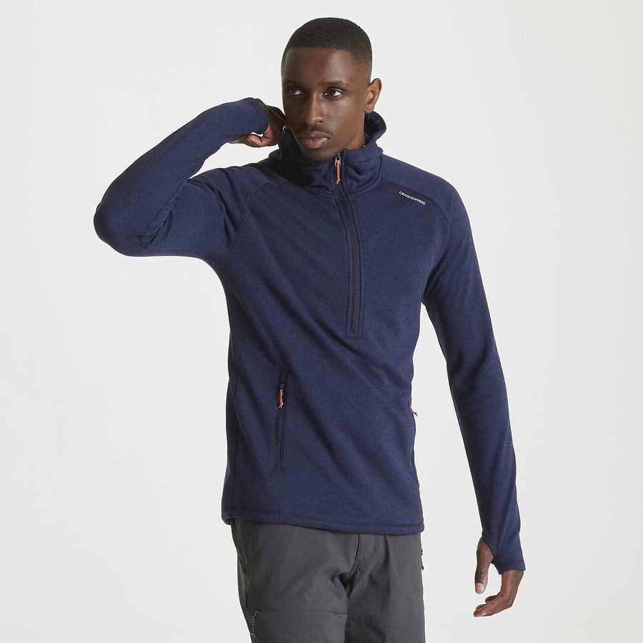 Blue Navy Craghoppers Dynamic Hooded Half Zip Men's T-Shirts | DRU335GB