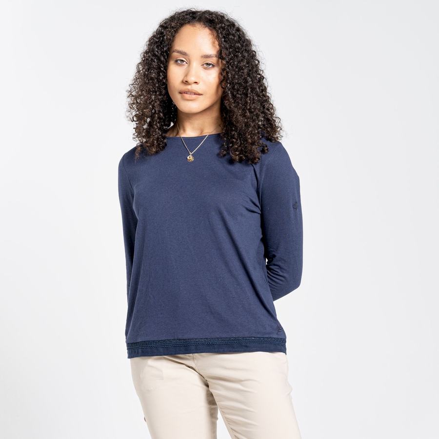 Blue Navy Craghoppers Nosibotanical Magnolia Long Sleeved Women's T-Shirts | PZI4196CX