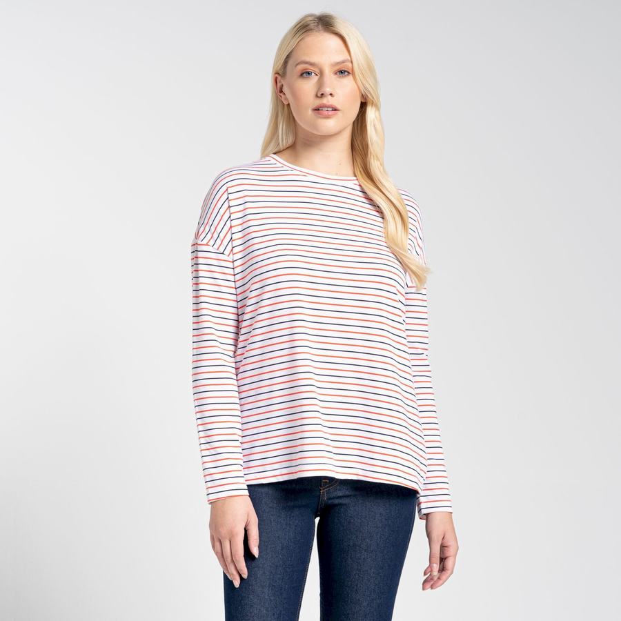 Blue Navy Orange Stripes Craghoppers NosiLife Cora Long Sleeved Women's T-Shirts | IKA8542ST