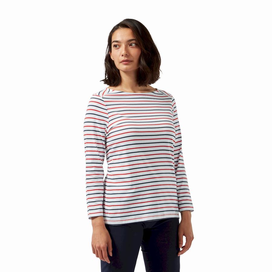 Blue Navy Red Stripes Craghoppers Blanca 3/4 Sleeved Top Women's T-Shirts | YFW3026VT