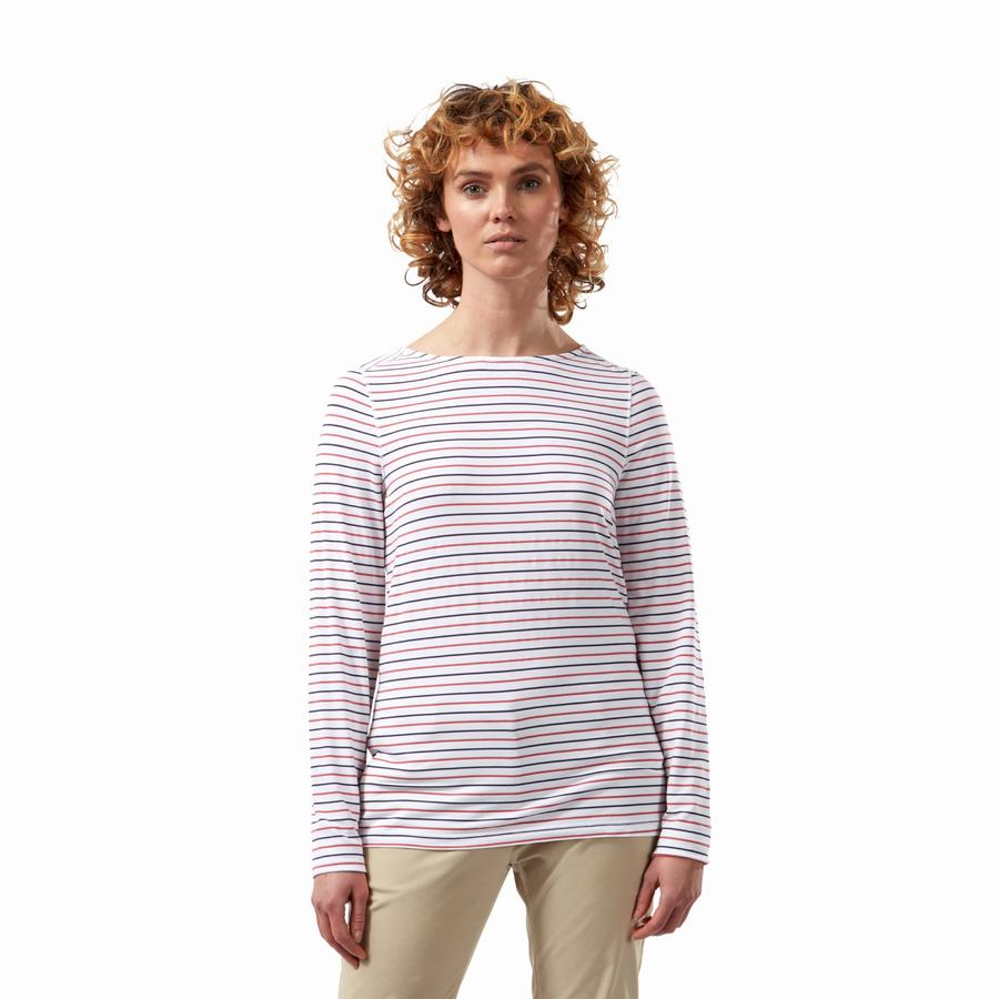 Blue Navy Red Stripes Craghoppers NosiLife Erin Long Sleeved Women's T-Shirts | ZJH9659BW