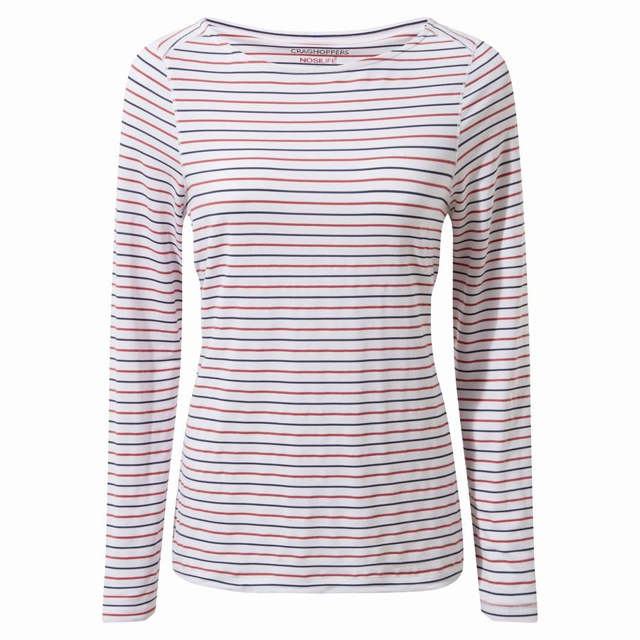 Blue Navy Red Stripes Craghoppers NosiLife Erin Long Sleeved Women's T-Shirts | ZJH9659BW