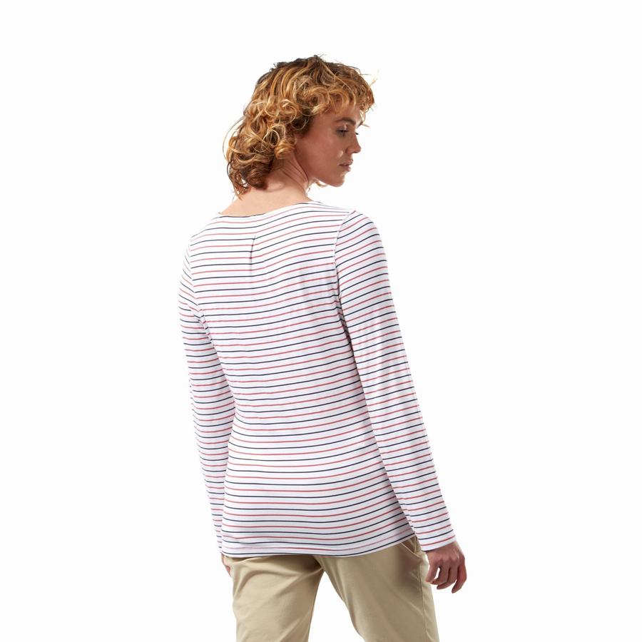 Blue Navy Red Stripes Craghoppers NosiLife Erin Long Sleeved Women's T-Shirts | ZJH9659BW