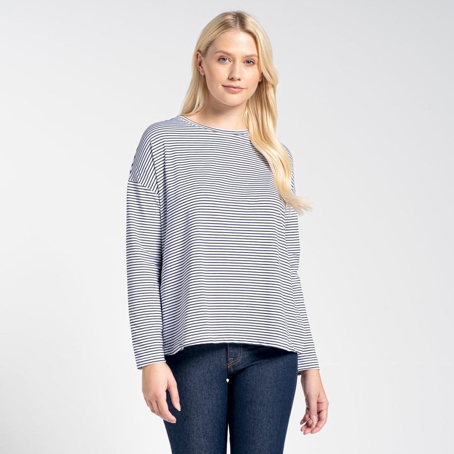 Blue Navy Stripes Craghoppers NosiLife Cora Long Sleeved Women's T-Shirts | WOU9468SG