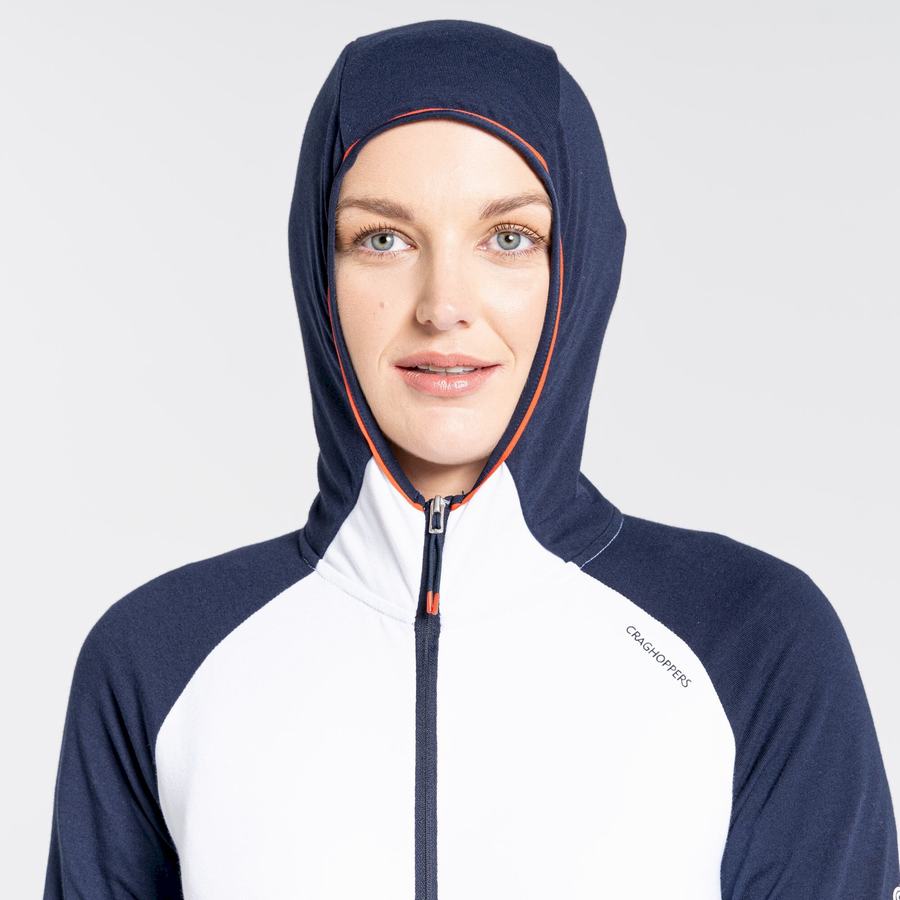 Blue Navy White Craghoppers NosiLife Milanta Hooded Women's T-Shirts | JRV1650AP