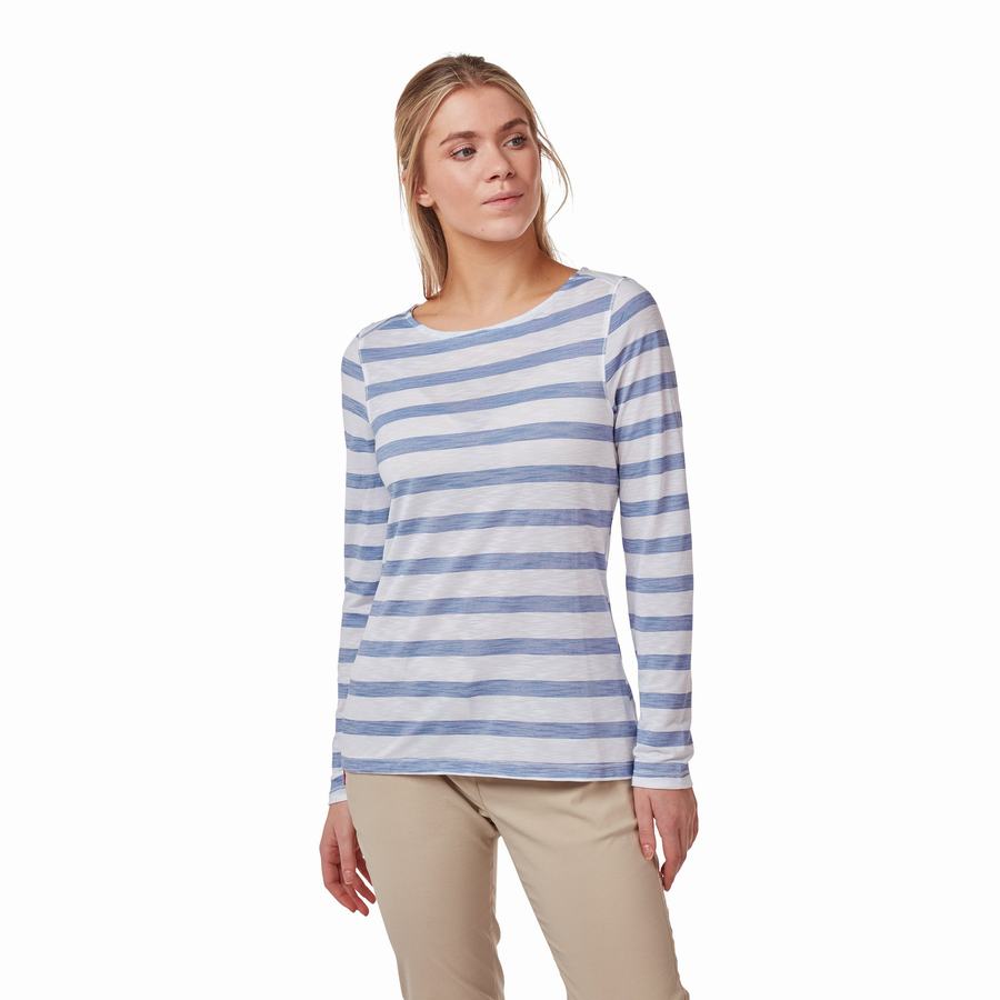 Blue Stripes Craghoppers NosiLife Erin Long Sleeved Women's T-Shirts | ENE8968ZJ