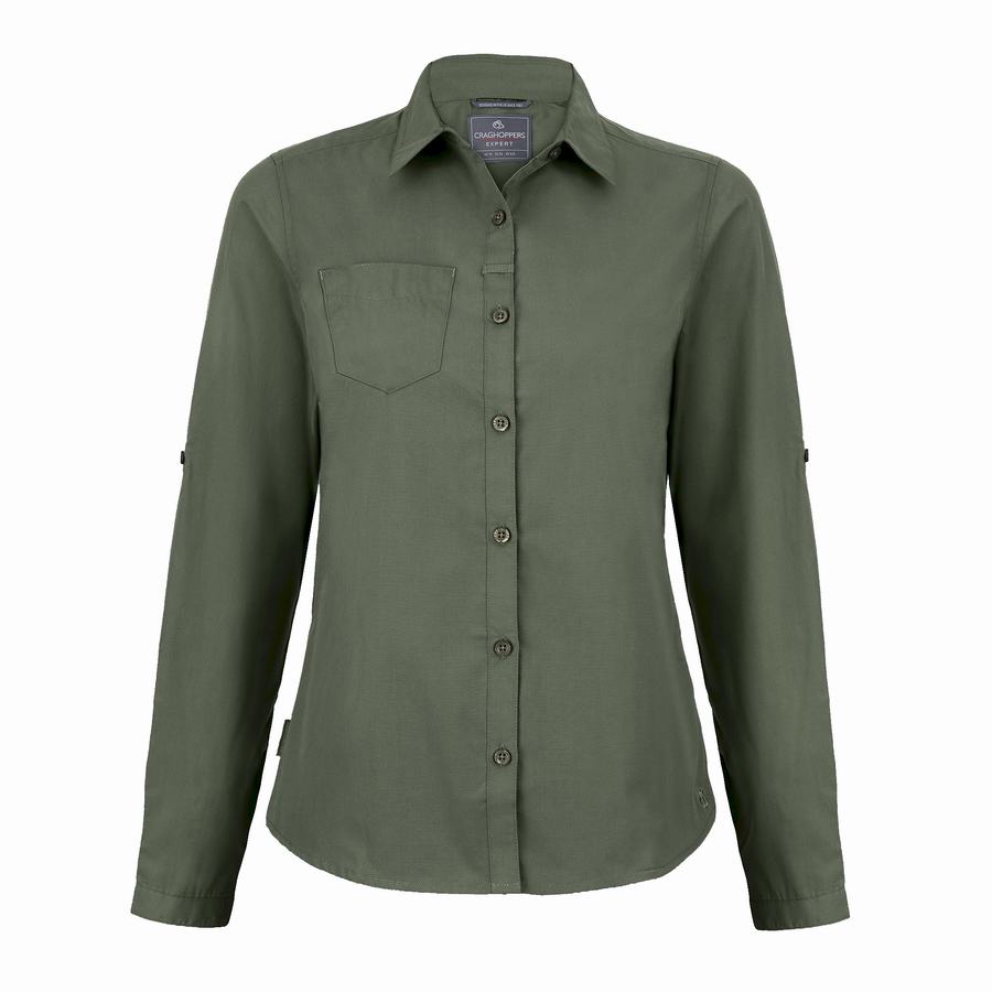 Dark Green Craghoppers Expert Kiwi Long Sleeved Women's Shirts | UQI6393PS