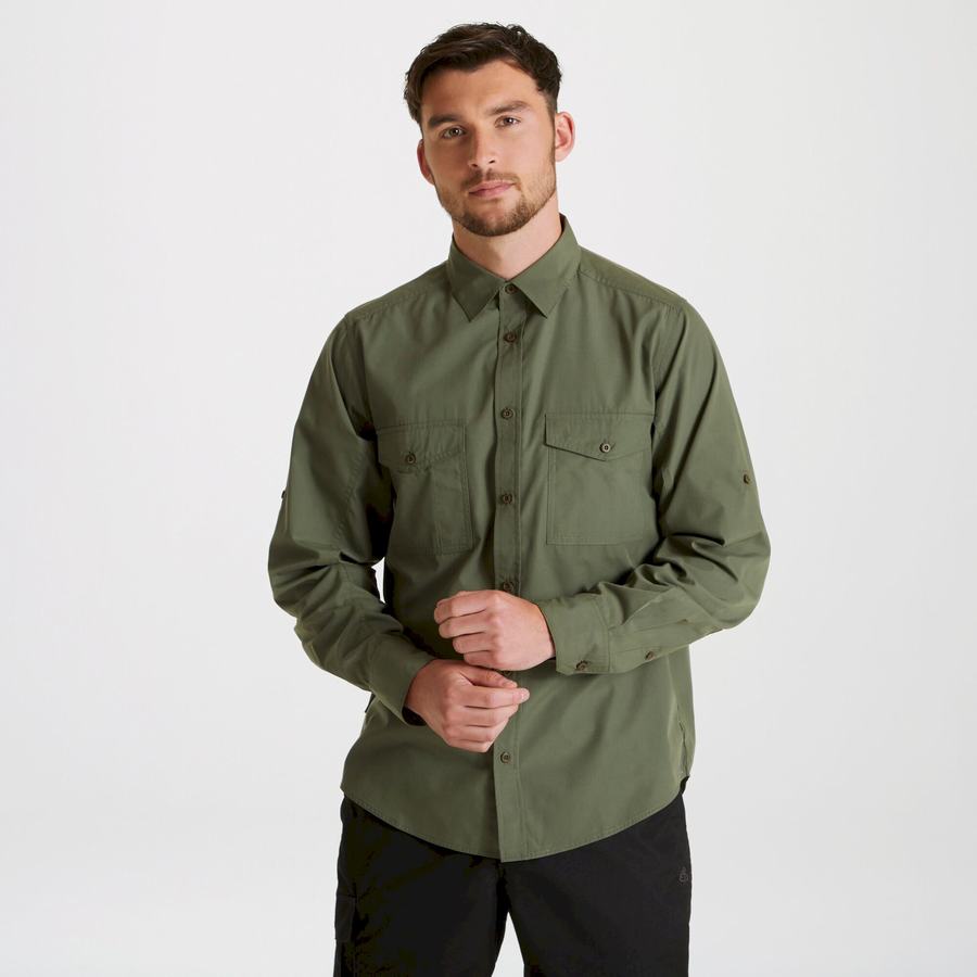 Dark Green Craghoppers Expert Kiwi Long Sleeved Men's Shirts | YXJ9614BD