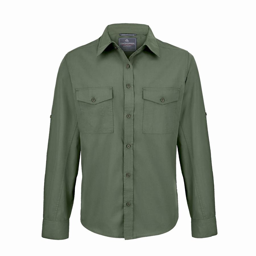 Dark Green Craghoppers Expert Kiwi Long Sleeved Men's Shirts | YXJ9614BD