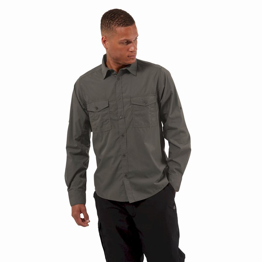 Dark Grey Craghoppers Kiwi Long Sleeved Men's Shirts | HSW4023LU