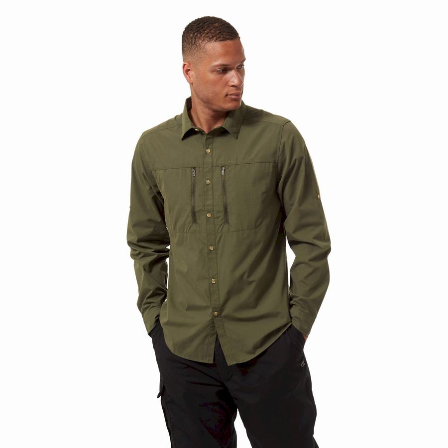 Dark Khaki Craghoppers Kiwi Boulder Long Sleeved Men's Shirts | YEL5485WJ