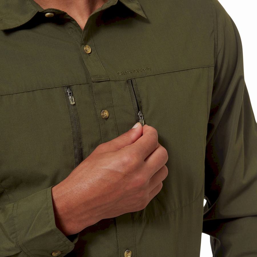 Dark Khaki Craghoppers Kiwi Boulder Long Sleeved Men's Shirts | YEL5485WJ