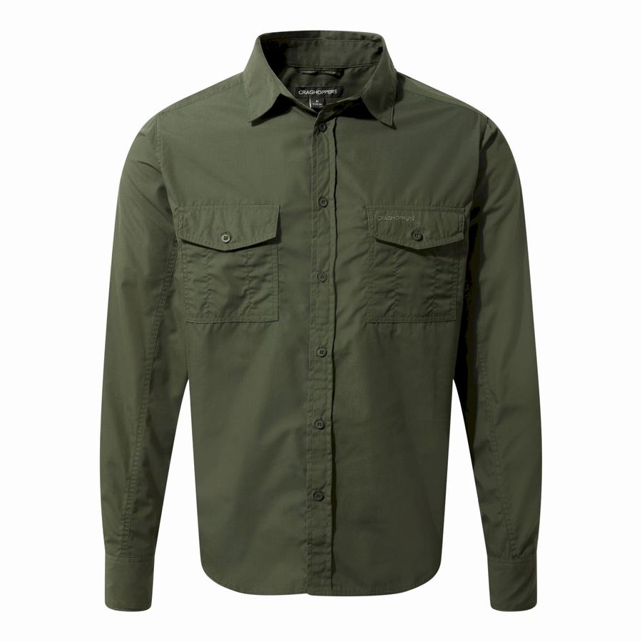 Deep Green Craghoppers Kiwi Long Sleeved Men\'s Shirts | QYQ9810XZ