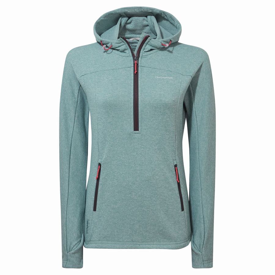 Green Grey Craghoppers Dynamic Hooded Half Zip Women\'s T-Shirts | ZWL674ZD