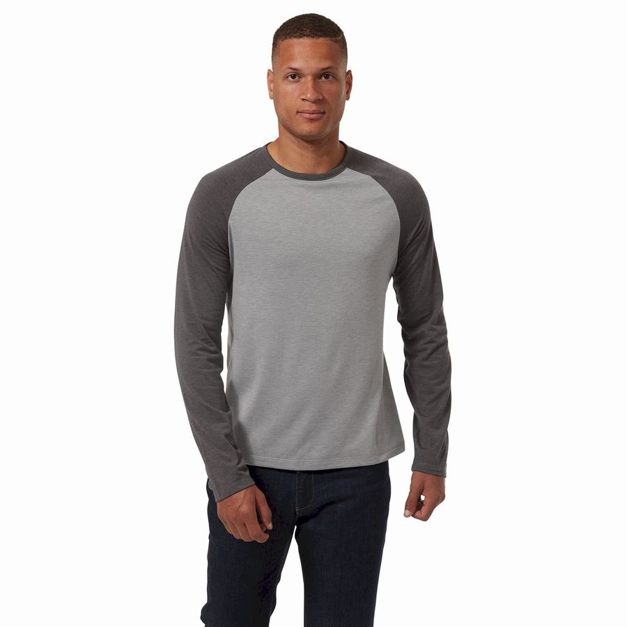 Grey Black Craghoppers First Layer Long-Sleeved Men's T-Shirts | PVS278EN