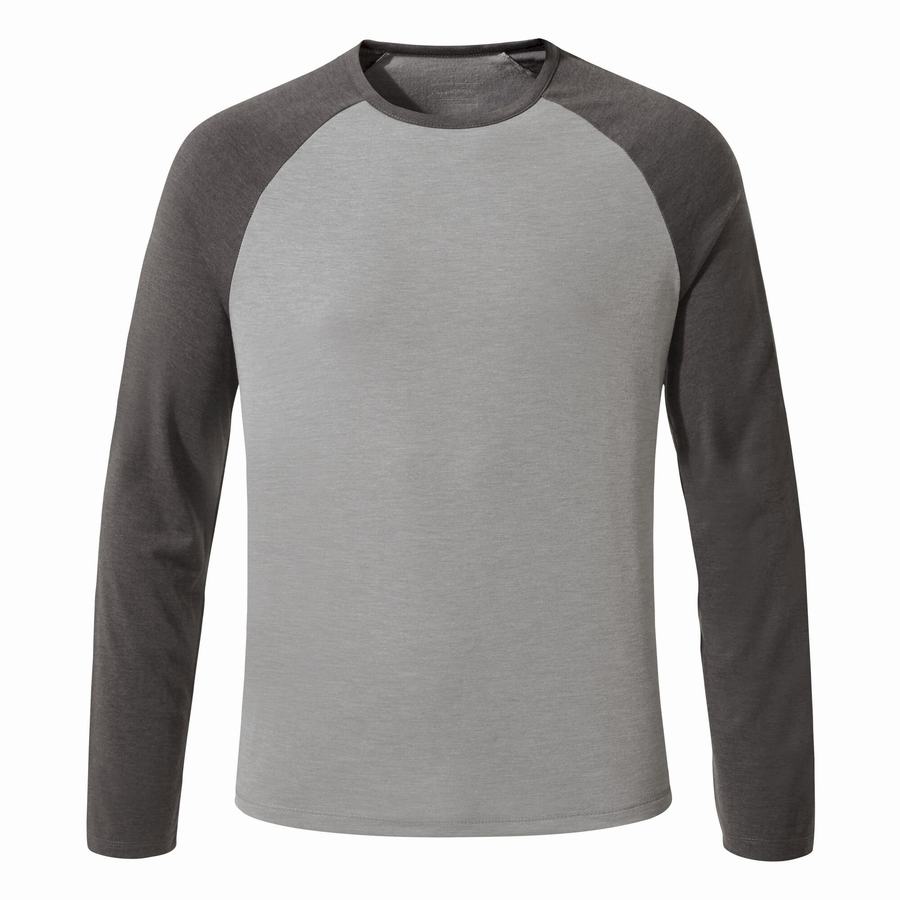 Grey Black Craghoppers First Layer Long-Sleeved Men's T-Shirts | PVS278EN