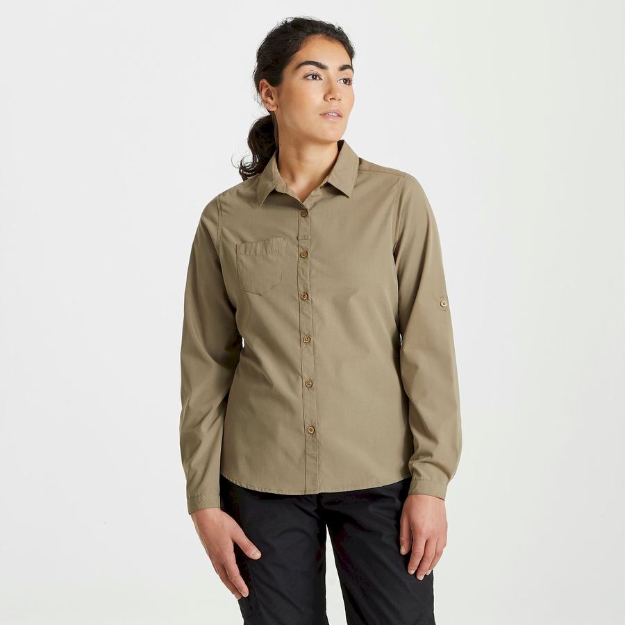 Khaki Craghoppers Expert Kiwi Long Sleeved Women's Shirts | BEW234FF