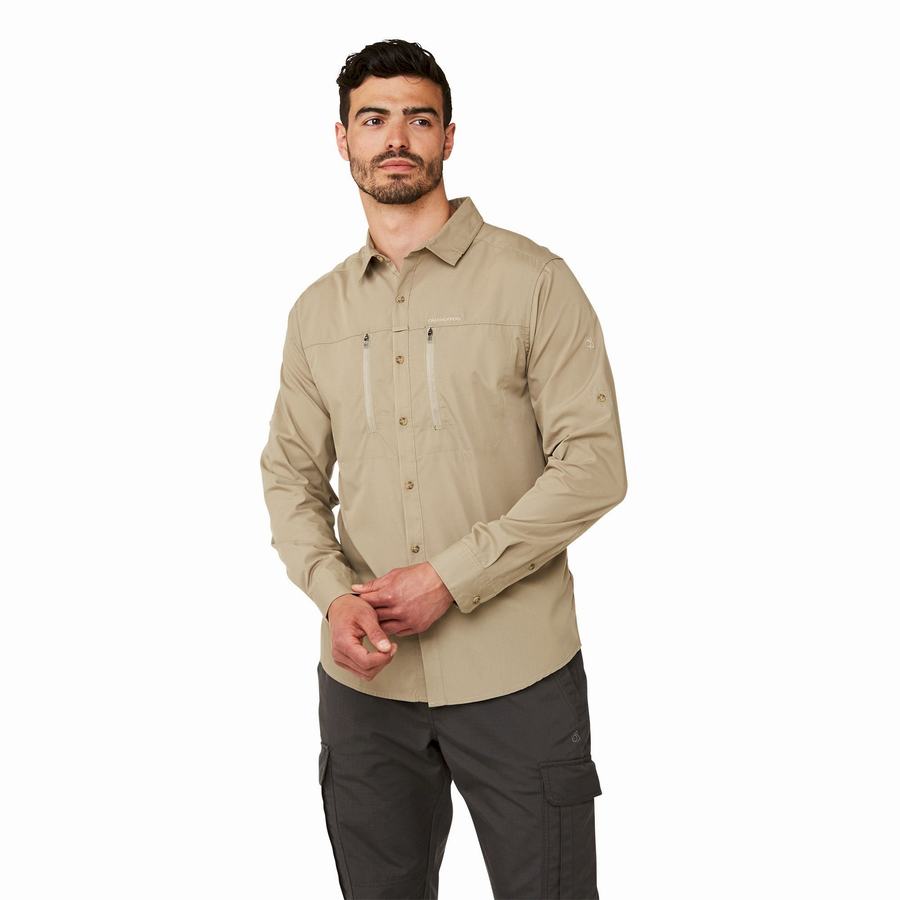 Khaki Craghoppers Kiwi Boulder Long Sleeved Men's Shirts | QKG9514WN