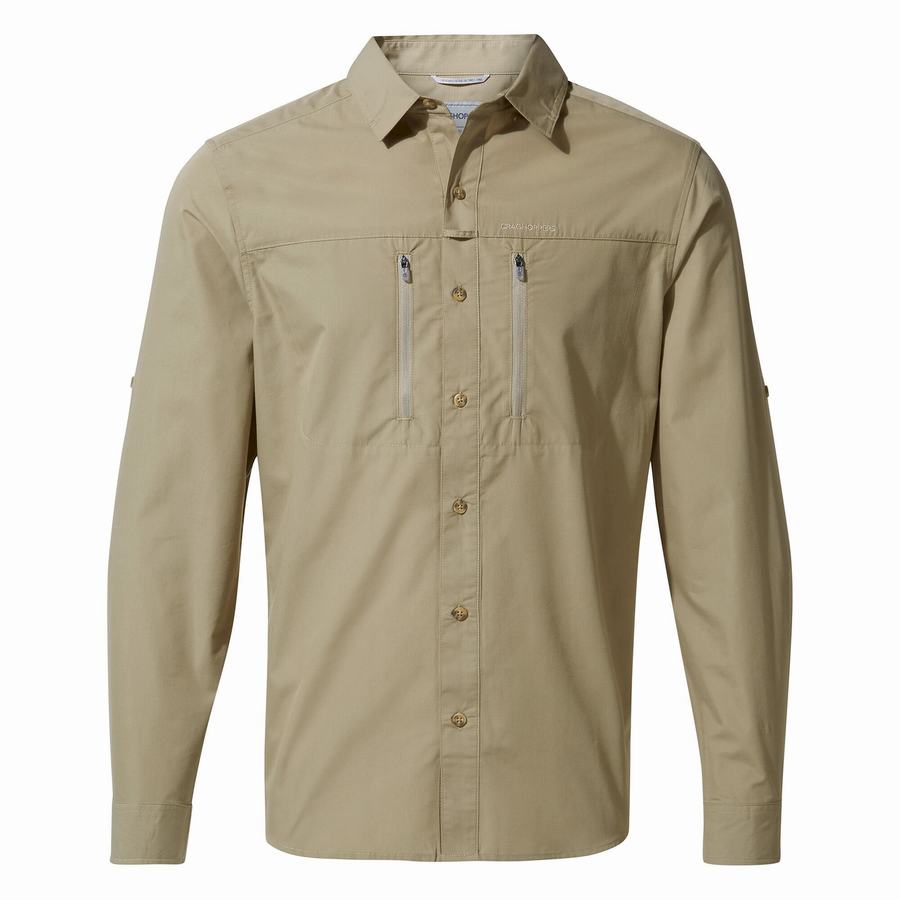 Khaki Craghoppers Kiwi Boulder Long Sleeved Men\'s Shirts | QKG9514WN