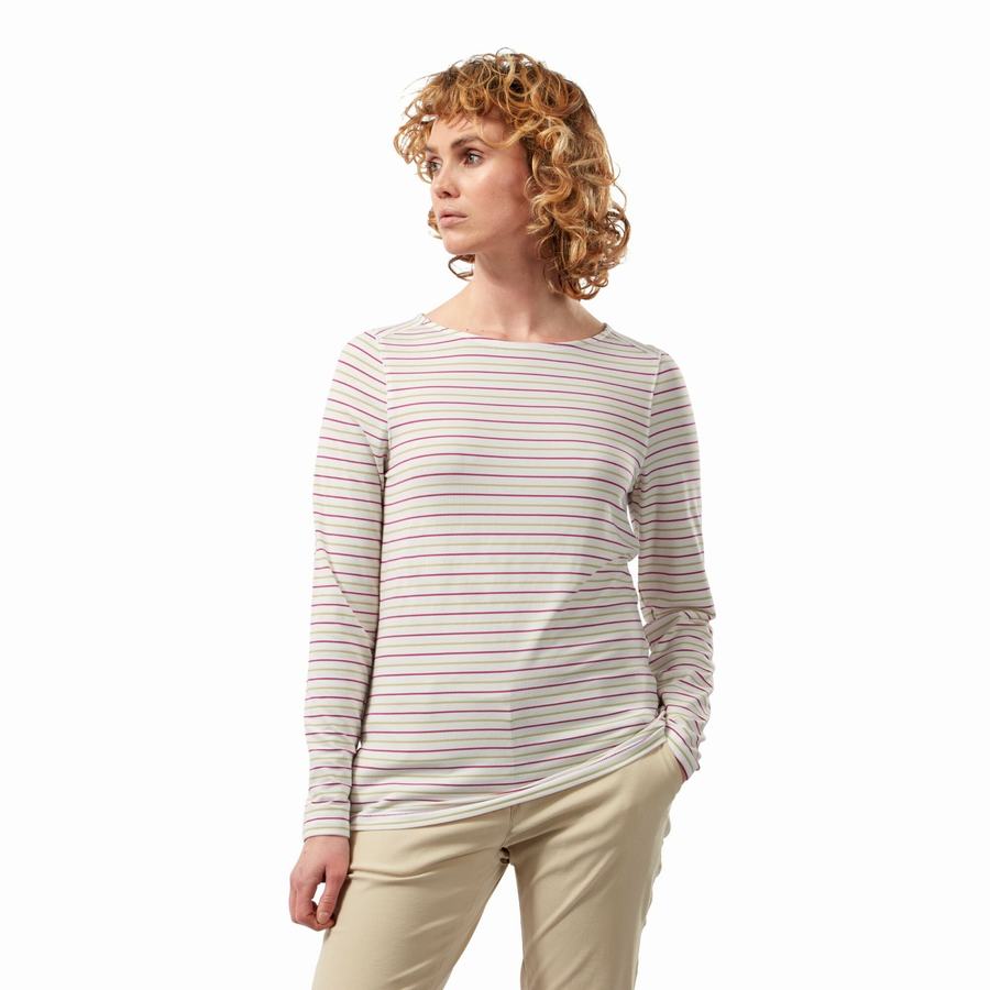 Light Green Stripes Craghoppers NosiLife Erin Long Sleeved Women's T-Shirts | WFL4977EA