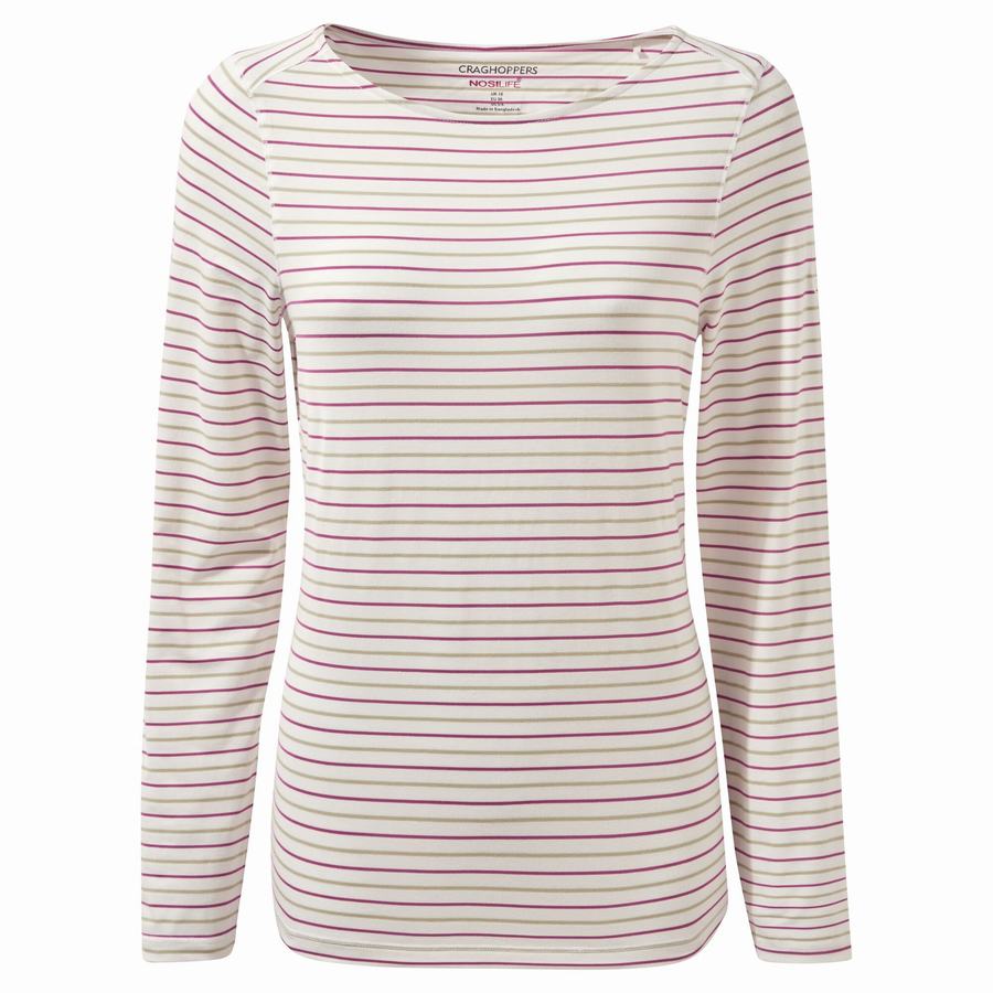 Light Green Stripes Craghoppers NosiLife Erin Long Sleeved Women\'s T-Shirts | WFL4977EA