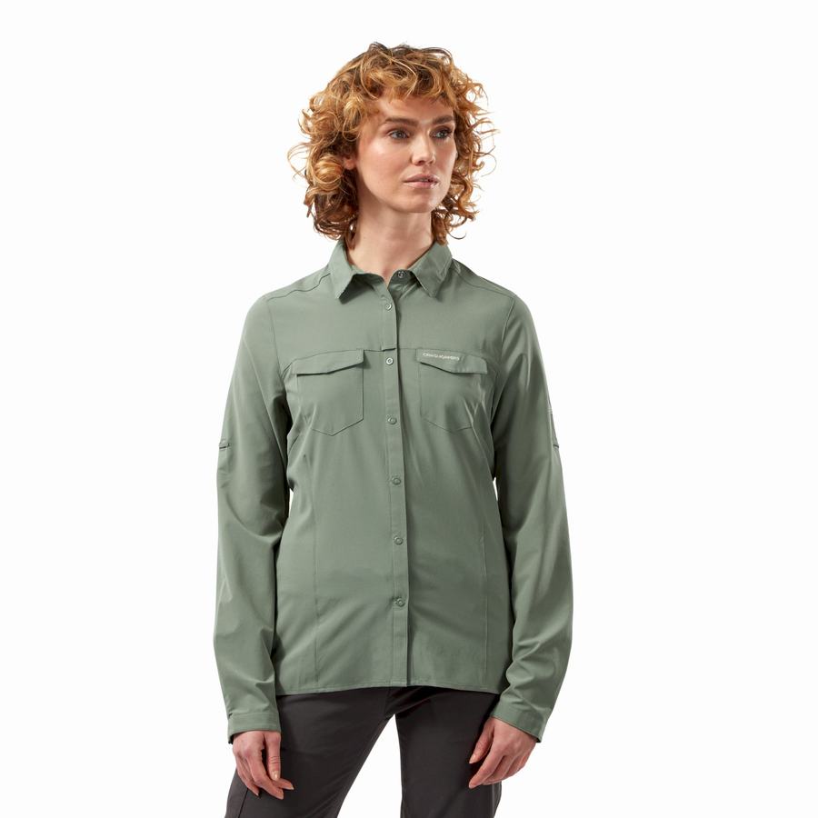 Olive Craghoppers NosiLife Pro III Long Sleeved Women's Shirts | USS8487TT