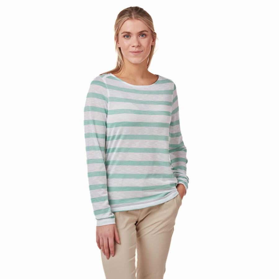 Turquoise Stripes Craghoppers NosiLife Erin Long Sleeved Women's T-Shirts | IYP8716VL