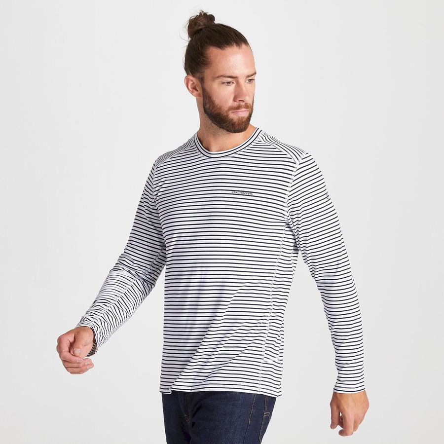 White Stripes Craghoppers NosiLife Talen Long Sleeved Men's T-Shirts | XCA4099SD